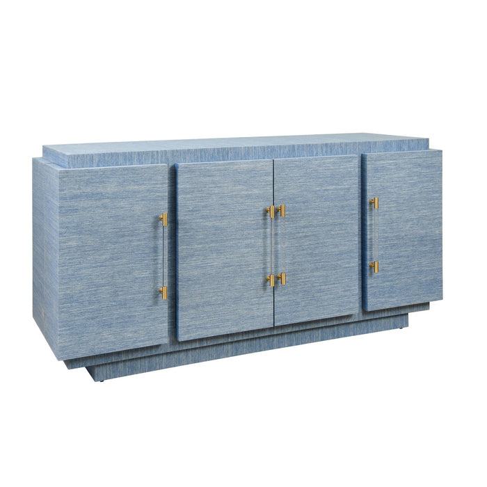 Worlds Away - Steele Four Door Wrap Around Modern Buffet With Brass Fluted Handles In Dyed Blue Grasscloth - STEELE BL