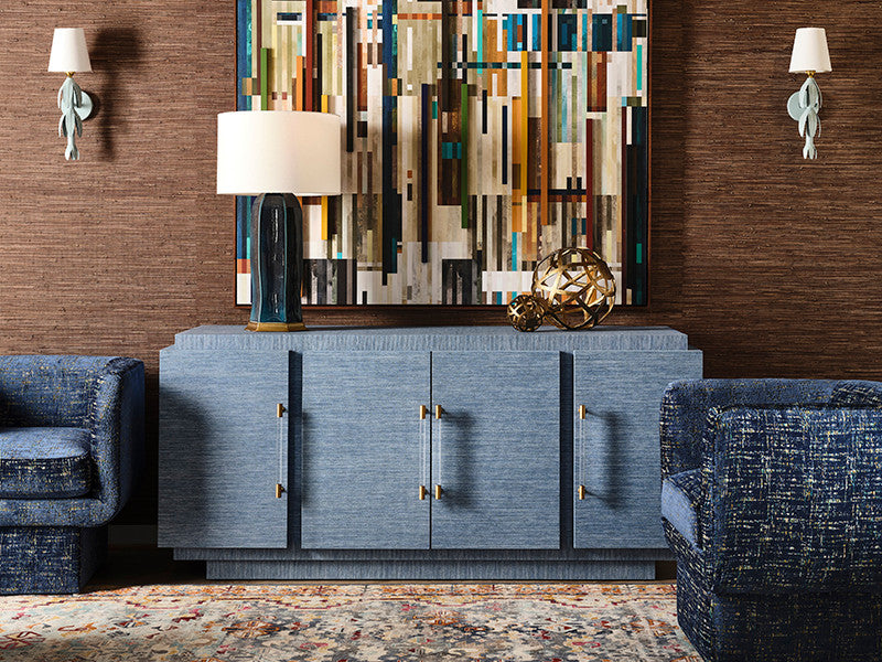 Worlds Away - Steele Four Door Wrap Around Modern Buffet With Brass Fluted Handles In Dyed Blue Grasscloth - STEELE BL