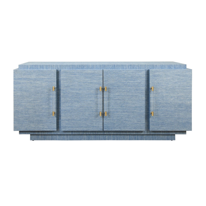 Worlds Away - Steele Four Door Wrap Around Modern Buffet With Brass Fluted Handles In Dyed Blue Grasscloth - STEELE BL