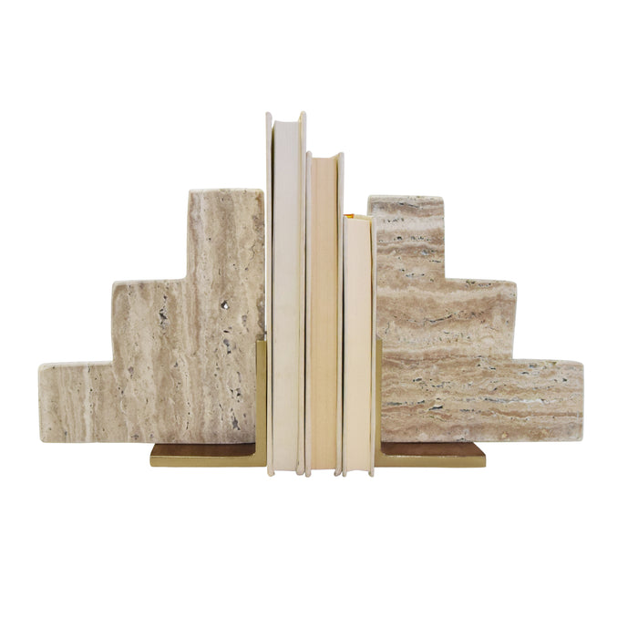 Worlds Away - Pair Of Natural Travertine Stair Step Bookends With Brass Detail - STEPS - GreatFurnitureDeal