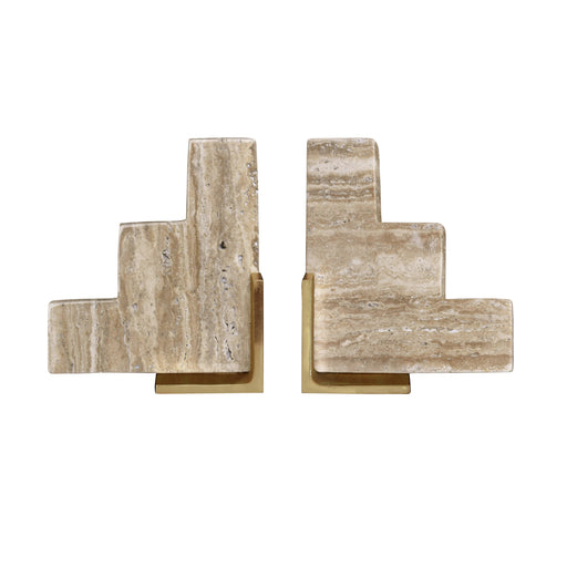 Worlds Away - Pair Of Natural Travertine Stair Step Bookends With Brass Detail - STEPS - GreatFurnitureDeal