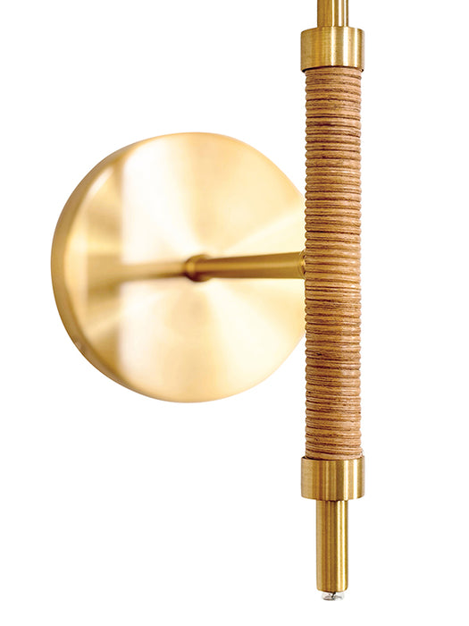 Worlds Away - Rechargeable Wall Sconce With Wrapped Rattan Pole In Brass With White Linen Shade - SYLVIA - GreatFurnitureDeal