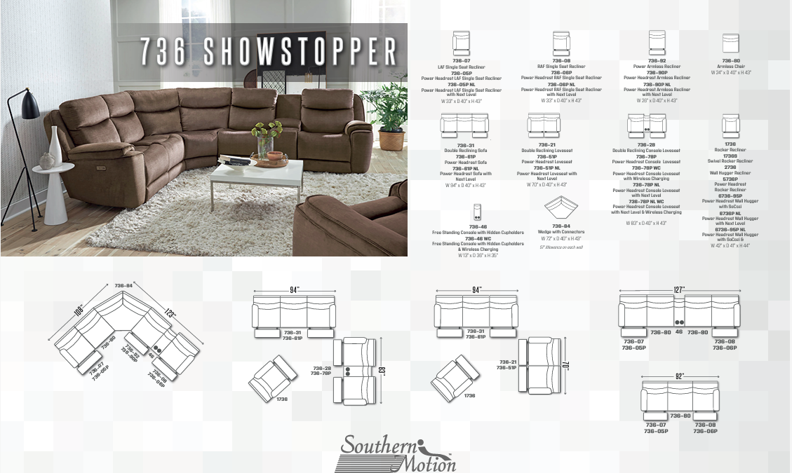 Southern Motion - Show Stopper 6 Piece Power Headrest Sectional Sofa - 736-05P-90P-84-80-47-06P