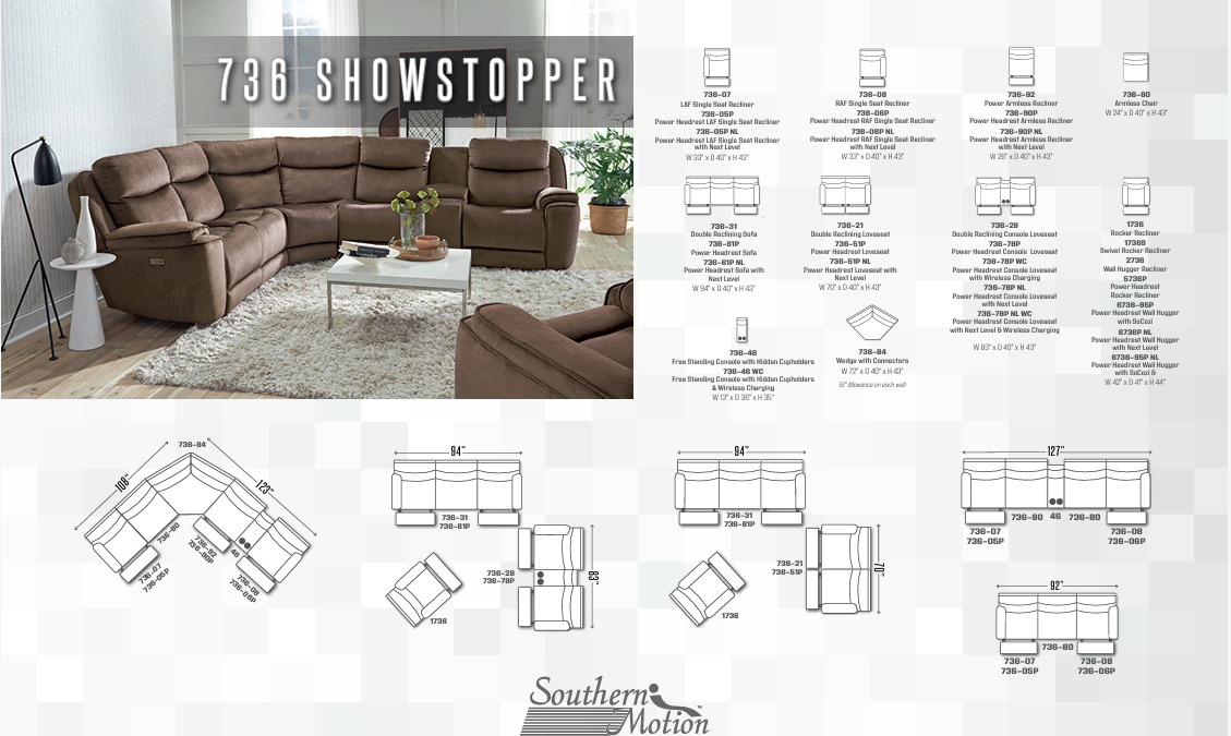 Southern Motion - Show Stopper 6 Piece Power Headrest Sectional Sofa W/ NEXL LEVEL - 736-05P-90P-84-80-47-06P NL