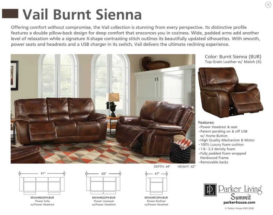 Parker Living - Vail Burnt Sienna Leather Dual Reclining Power Sofa - MVAI#832PH-BUR - GreatFurnitureDeal