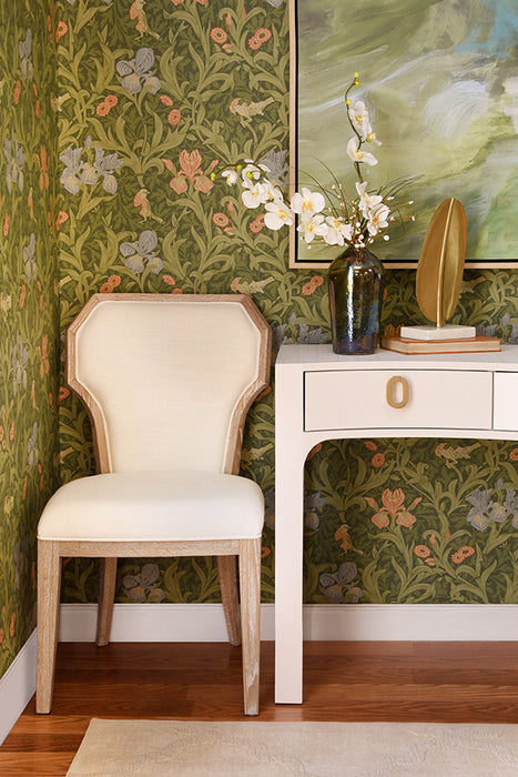 Worlds Away - Sabrina Curved Front Console With Three Drawers In Textured White Linen With Satin Brass Ring Hardware And Glass Top - SABRINA WH