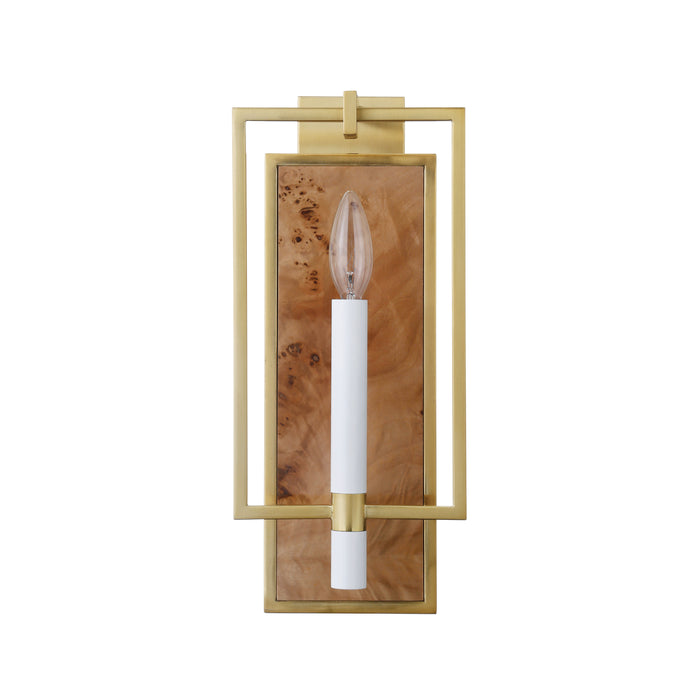Worlds Away - Candlestick Sconce With Rectangular Burl Wood Backplate And Open Brushed Brass Rectangle Frame - TAURUS BW - GreatFurnitureDeal