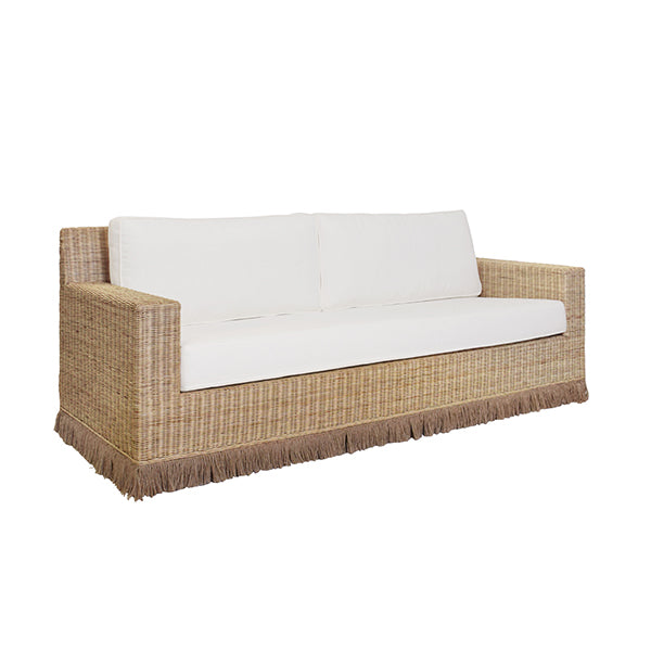 Worlds Away - Lawson Style Sofa In Natural Rattan With Fringe Skirt And Ivory Linen Cushions - TENNY WH - GreatFurnitureDeal