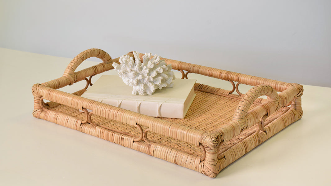 Worlds Away - Rectangular Natural Rattan Tray With Open Oval Detail Sides - TATUM - GreatFurnitureDeal