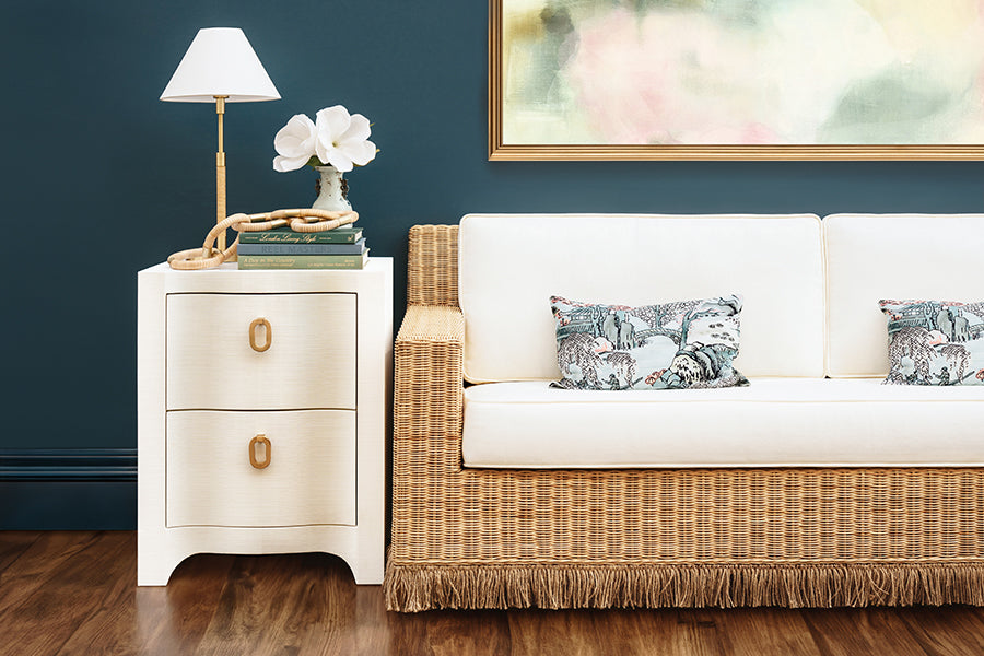 Worlds Away - Lawson Style Sofa In Natural Rattan With Fringe Skirt And Ivory Linen Cushions - TENNY WH - GreatFurnitureDeal