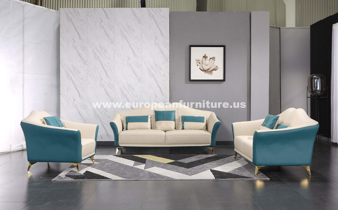 European Furniture - Winston 3 Piece Sofa Set White-Blue Italian Leather - EF-29052