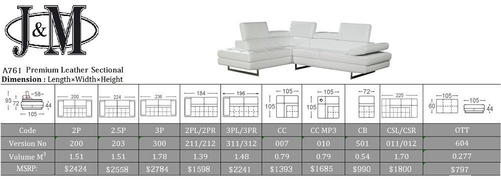 J&M Furniture - A761 Italian Leather LHF Sectional Sofa in Snow White - 178557-LHF - GreatFurnitureDeal