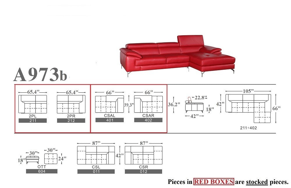 J&M Furniture - A973b Premium Leather LHF Sectional Sofa in Red - 179061-LHF