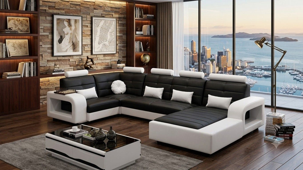 American Eagle Furniture - AE-LD800 4-Piece Faux Leather Sectional - Left Sitting Set in Black and White - AE-LD800L-BK.W - GreatFurnitureDeal