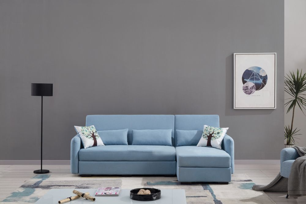 American Eagle Furniture - AE-LD828L Light Blue Velvet Sectional Sofa Bed Left Sitting Chaise - AE-LD828L