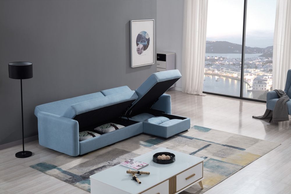 American Eagle Furniture - AE-LD828L Light Blue Velvet Sectional Sofa Bed Left Sitting Chaise - AE-LD828L