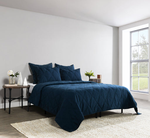 Villa By Classic Home - Caleb Hand Stitched Midnight Blue King Quilt Set - BEDQ519K - GreatFurnitureDeal