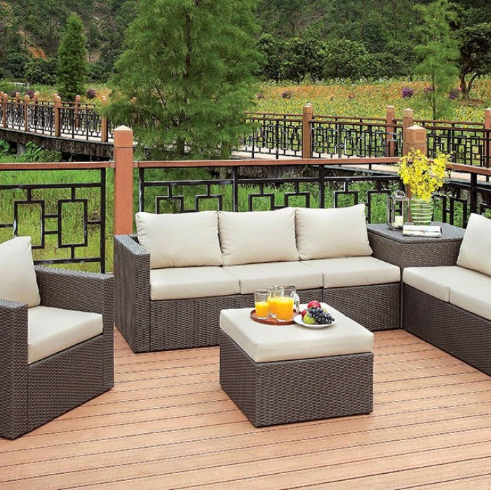 Furniture of America - Davina Patio Sectional w/ Ottoman & Storage in Brown, Beige - CM-OS1818