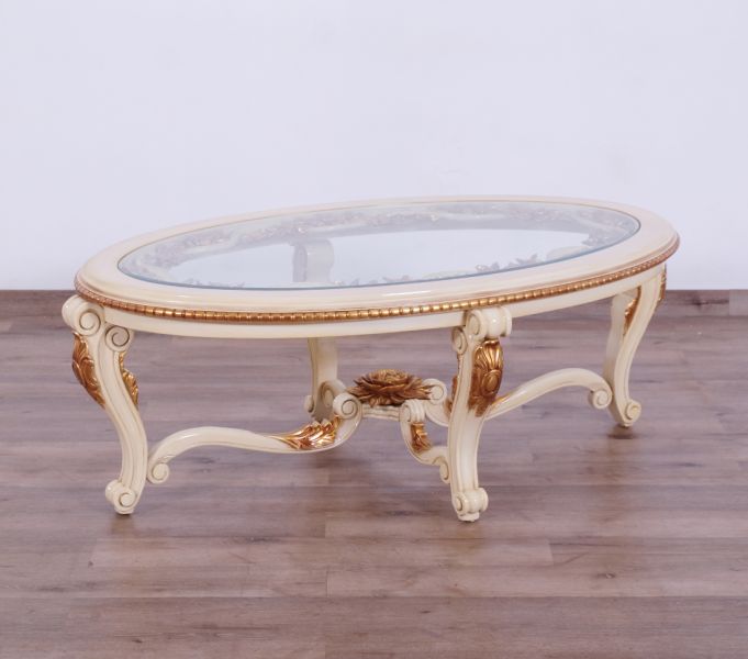 European Furniture - Veronica III Luxury Coffee Table in Antique Beige and Antique Dark Gold leaf - 47072-CT - GreatFurnitureDeal
