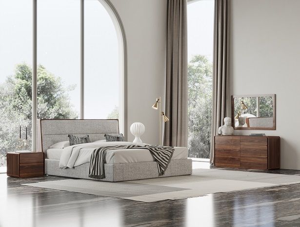 VIG Furniture - Modrest Dustin Modern Grey Fabric & Walnut Trimmed Queen Bedroom Set - VGMABR-99-BED-SET-Q