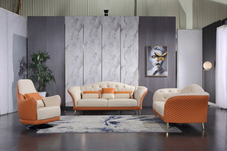 European Furniture - Amalia Sofa Off White-Orange Italian Leather - EF-28040-S - GreatFurnitureDeal