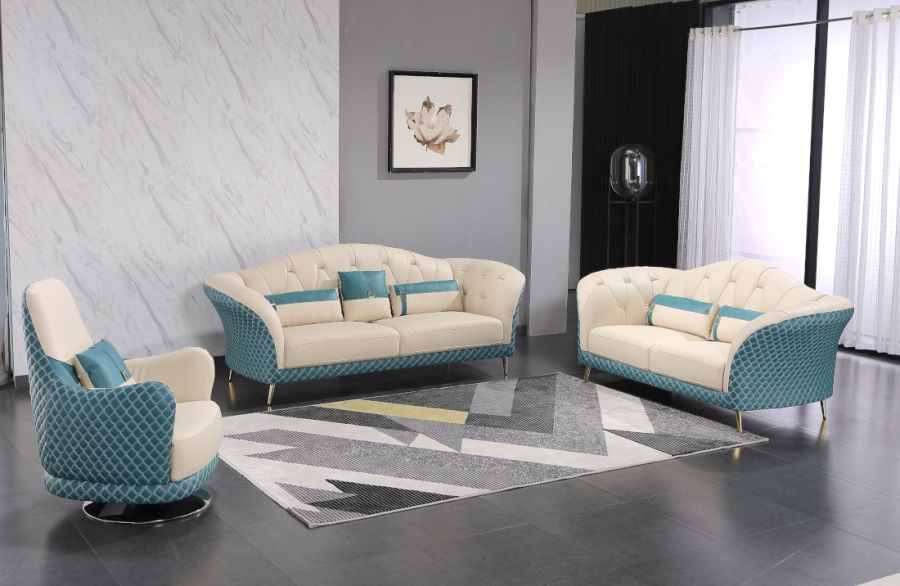 European Furniture - Amalia Loveseat White-Blue Italian Leather - EF-28042-L - GreatFurnitureDeal