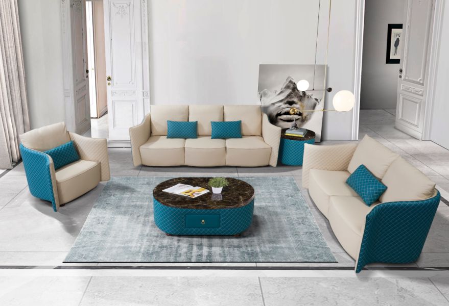 European Furniture - Makassar Sofa Beige & Blue Italian Leather - EF-52554-S - GreatFurnitureDeal