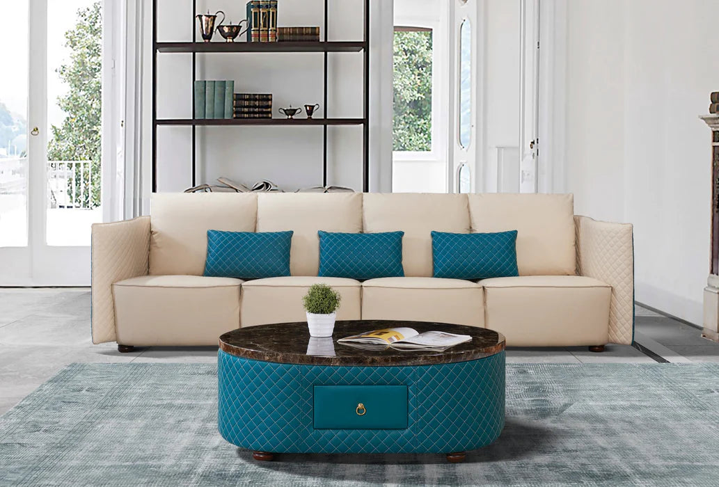 European Furniture - Makassar Oversize Sofa Beige & Blue Italian Leather - EF-52554-4S - GreatFurnitureDeal