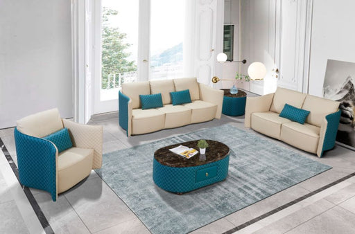 European Furniture - Makassar Sofa Beige & Blue Italian Leather - EF-52554-S - GreatFurnitureDeal