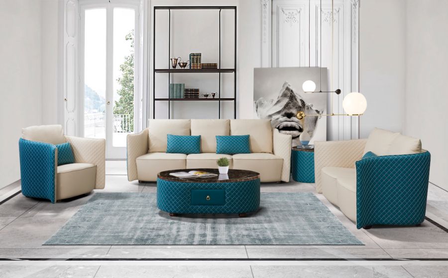 European Furniture - Makassar Sofa Beige & Blue Italian Leather - EF-52554-S - GreatFurnitureDeal