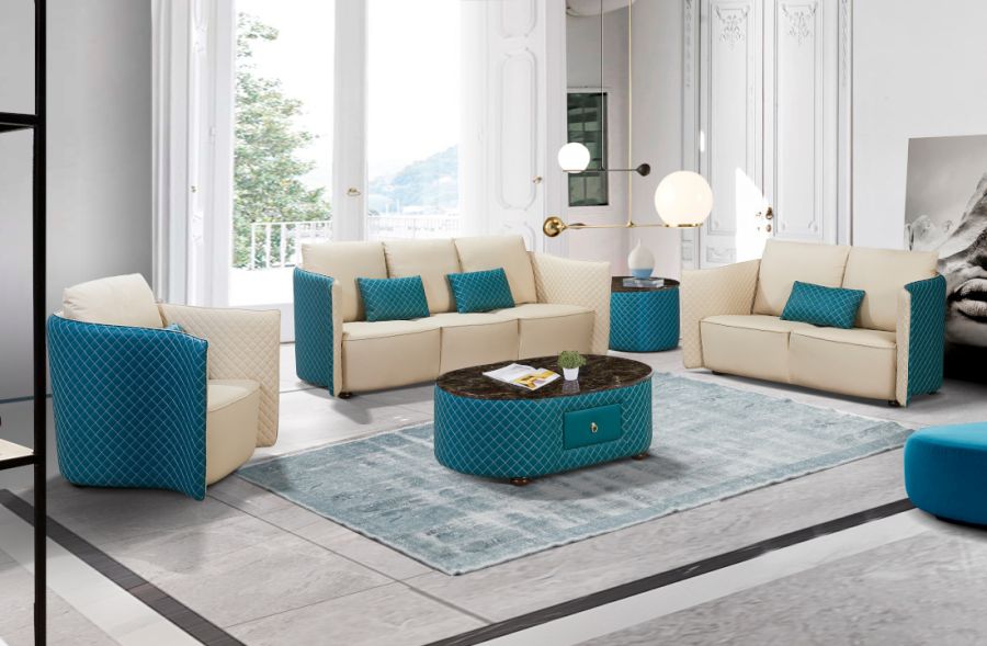 European Furniture - Makassar Sofa Beige & Blue Italian Leather - EF-52554-S - GreatFurnitureDeal