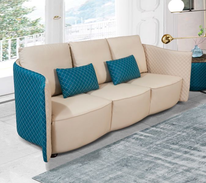 European Furniture - Makassar Sofa Beige & Blue Italian Leather - EF-52554-S - GreatFurnitureDeal