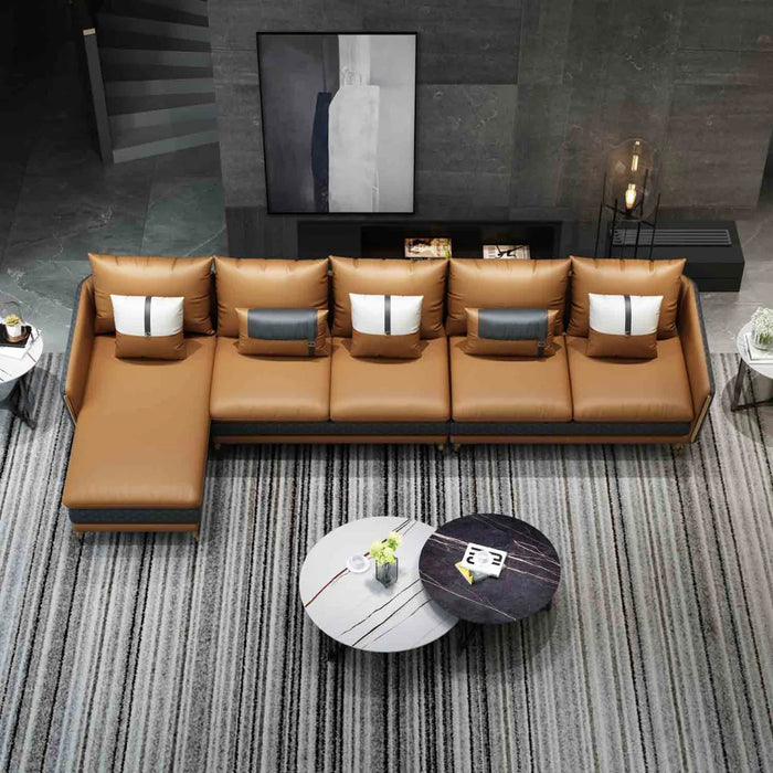 European Furniture - Icaro Mansion RHF Sectional Cognac & Gray Italian Leather - EF-64436L-5LHF - GreatFurnitureDeal