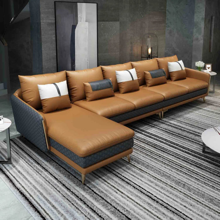 European Furniture - Icaro Mansion RHF Sectional Cognac & Gray Italian Leather - EF-64436L-5LHF - GreatFurnitureDeal