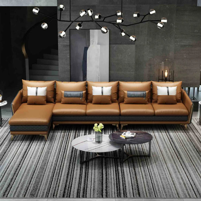 European Furniture - Icaro Mansion RHF Sectional Cognac & Gray Italian Leather - EF-64436L-5LHF - GreatFurnitureDeal