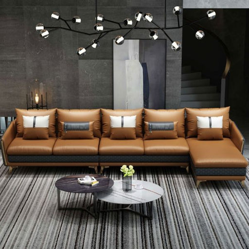 European Furniture - Icaro Mansion RHF Sectional Cognac & Gray Italian Leather - EF-64438R-5RHF - GreatFurnitureDeal