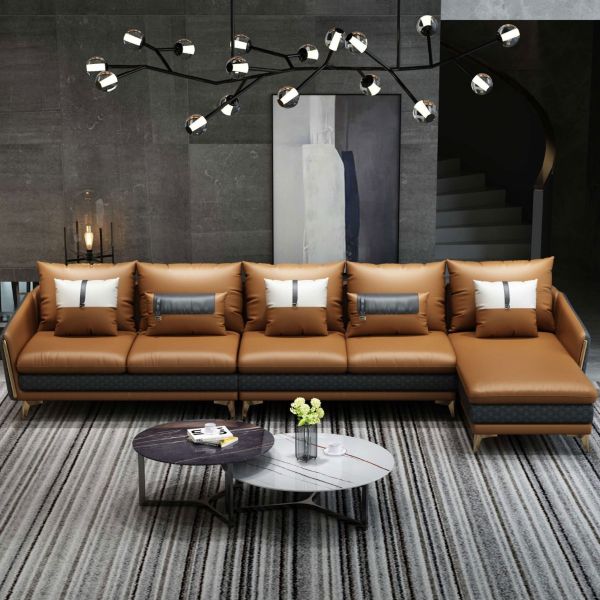 European Furniture - Icaro Mansion RHF Sectional Cognac & Gray Italian Leather - EF-64438R-5RHF