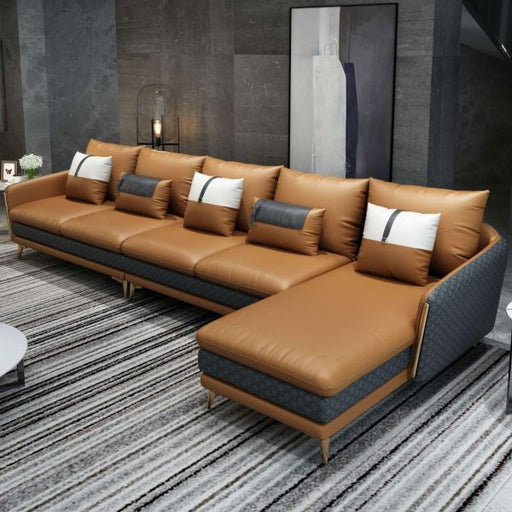 European Furniture - Icaro Mansion RHF Sectional Cognac & Gray Italian Leather - EF-64438R-5RHF - GreatFurnitureDeal