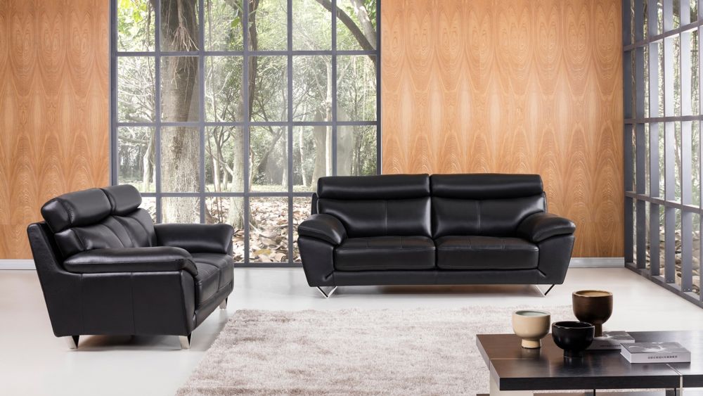 American Eagle Furniture - EK078 Black Italian Full Leather Loveseat - EK078-FULL-B-LS - GreatFurnitureDeal