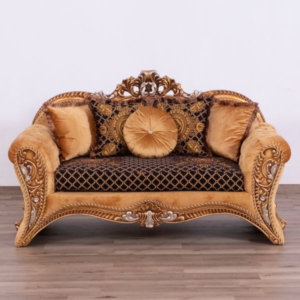 European Furniture - Emperador Luxury Loveseat in Antique Brown - Antique Silver Blended with Light Gold - 42035-L - GreatFurnitureDeal