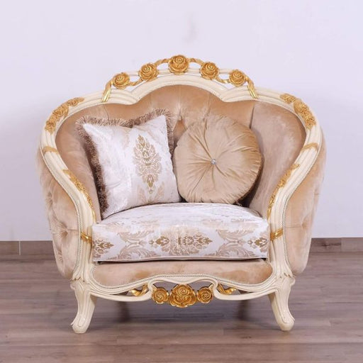 European Furniture - Valentine II Luxury Chair and 1-2 in Beige With Dark Gold Leafs - 45012-C - GreatFurnitureDeal