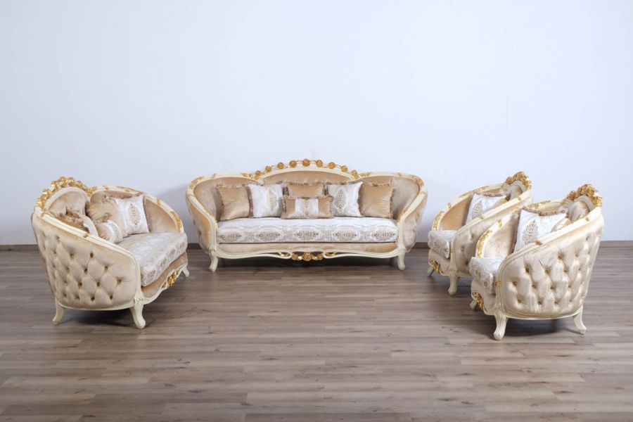 European Furniture - Valentine II Luxury Sofa in Beige With Dark Gold Leafs - 45012-S - GreatFurnitureDeal