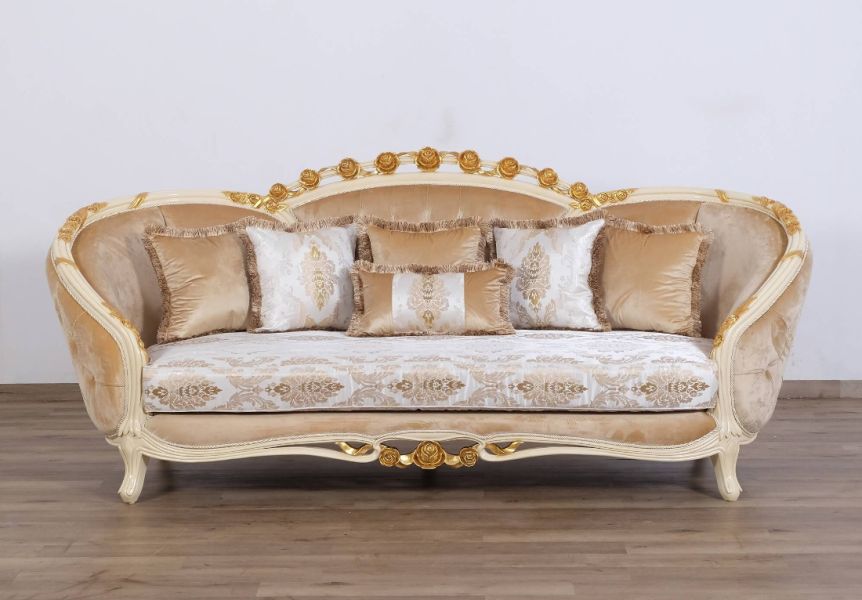 European Furniture - Valentine II Luxury Sofa in Beige With Dark Gold Leafs - 45012-S - GreatFurnitureDeal