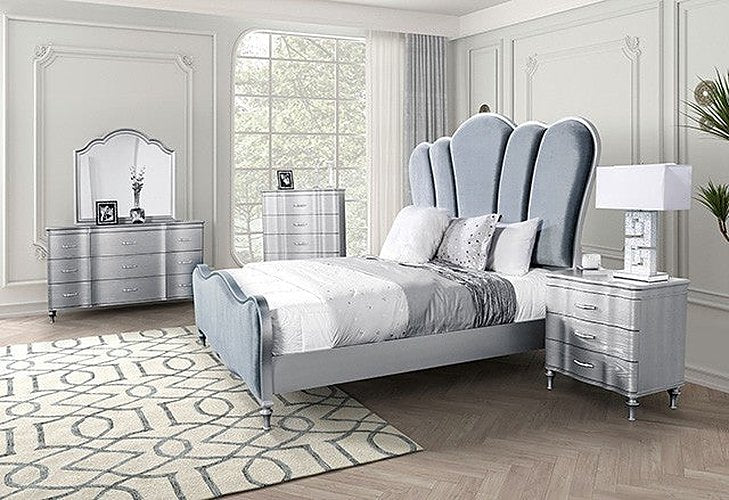 Furniture of America - Melodi Parc 5 Piece King Bedroom Set in Silver - FM7416SV-EK-5SET - GreatFurnitureDeal