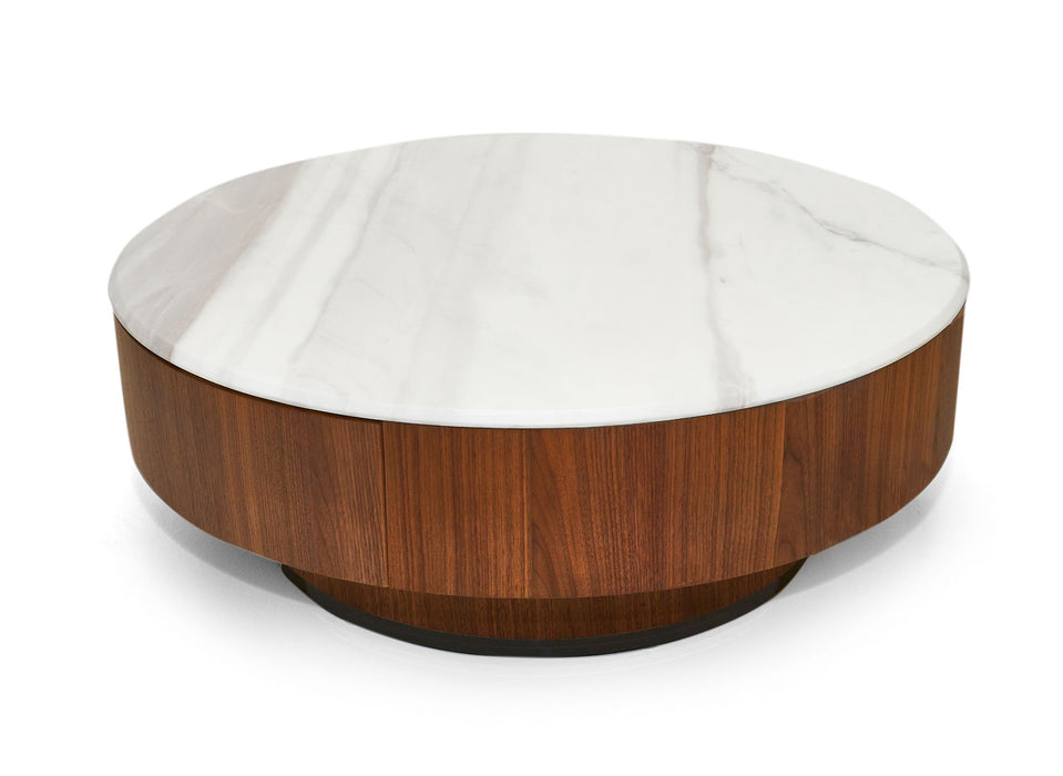 VIG Furniture - Nova Domus Hilton- Modern Walnut and White Marble Round Coffee Table - VGHB-400E-W