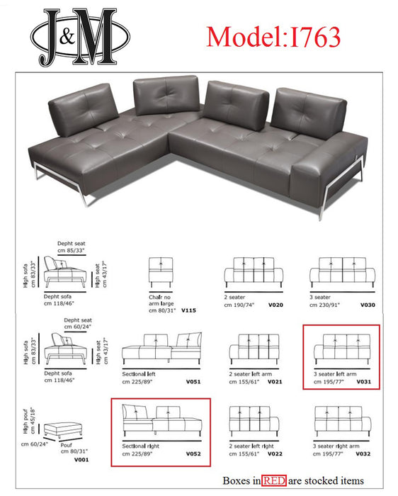 J&M Furniture - I763 Italian Leather RHF Sectional Sofa in Light Grey - 17477-RHF