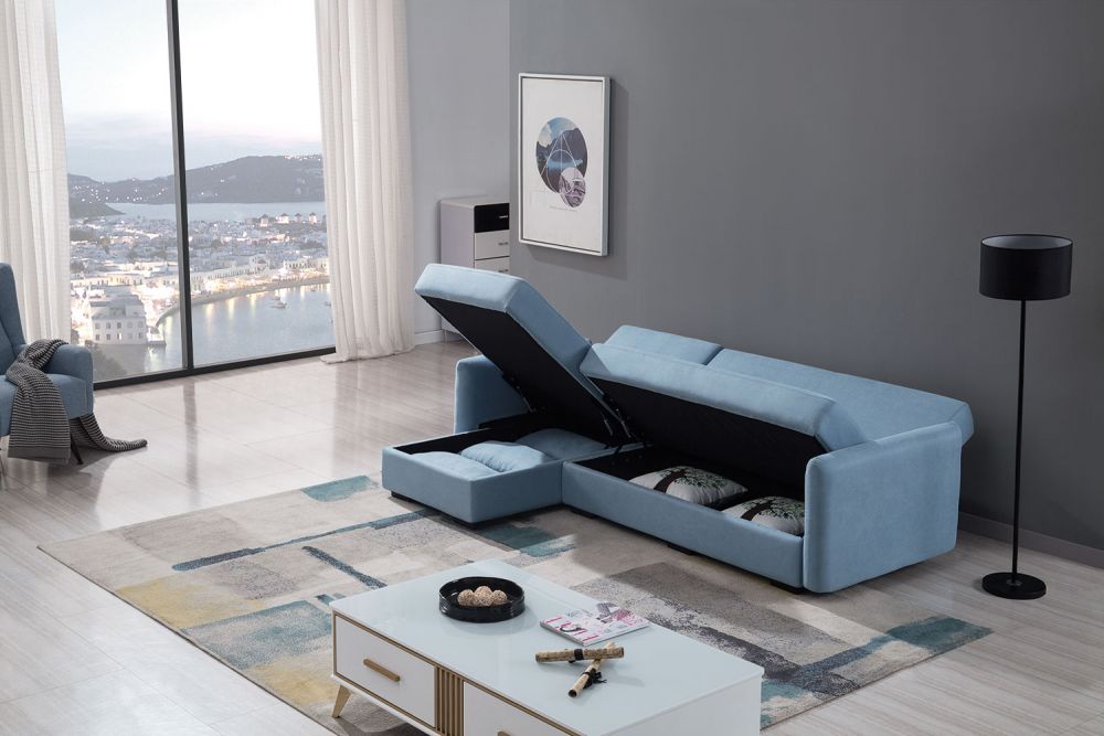 American Eagle Furniture - AE-LD828R Light Blue Velvet Sectional Sofa bed set- Right Sitting Chaise - AE-LD828R