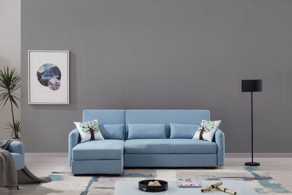 American Eagle Furniture - AE-LD828R Light Blue Velvet Sectional Sofa bed set- Right Sitting Chaise - AE-LD828R