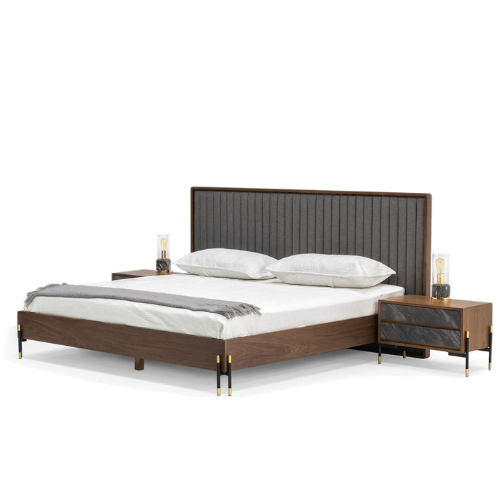 VIG Furniture - Nova Domus Metcalf - Mid-Century Walnut & Grey Queen Bed w/ Two Nightstands - VGMABR-120-BRN-BED-Q