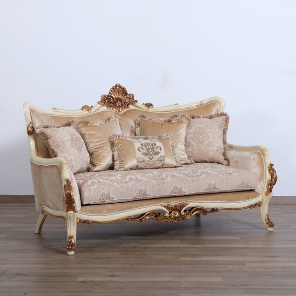European Furniture - Veronica Luxury Loveseat in Antique Beige and Antique Dark Gold leaf - 47075-L - GreatFurnitureDeal